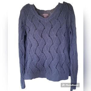 Laura Scott Pointelle Knit Sweater – Heather Blue, Size Small Scalloped Crew